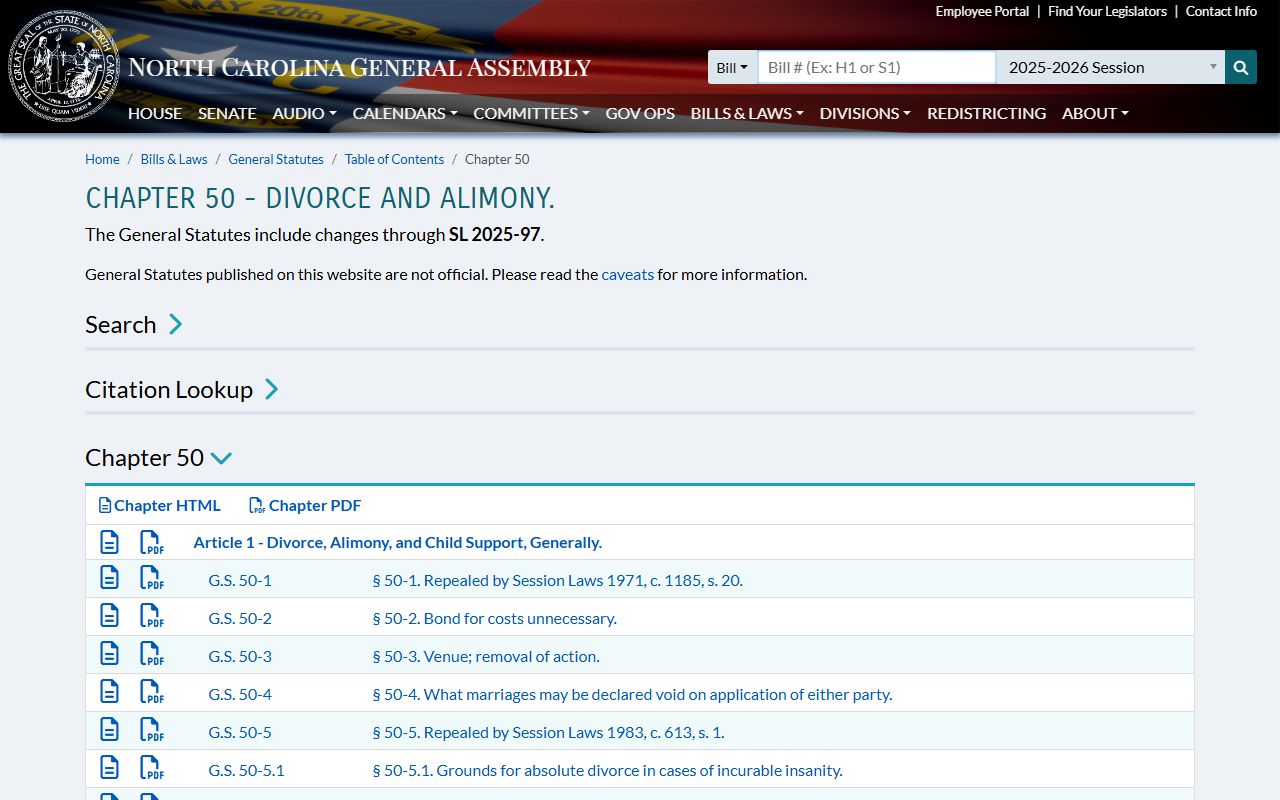 North Carolina Chapter 50 divorce and family court records statutes